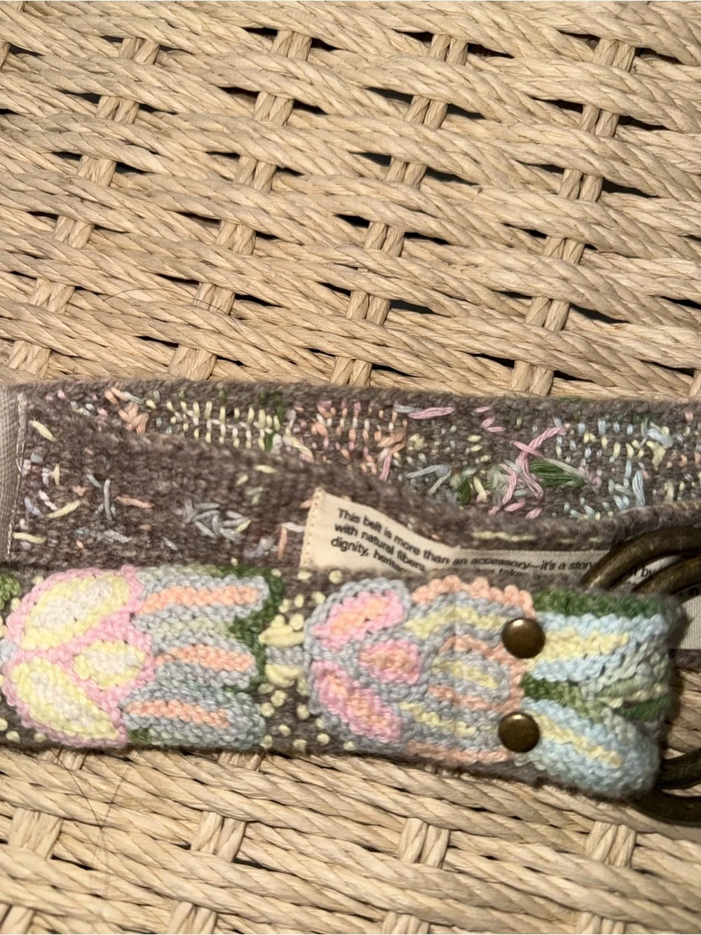 Embroidered Floral Fabric Belt with Double Ring Buckle - Gray/Pastel